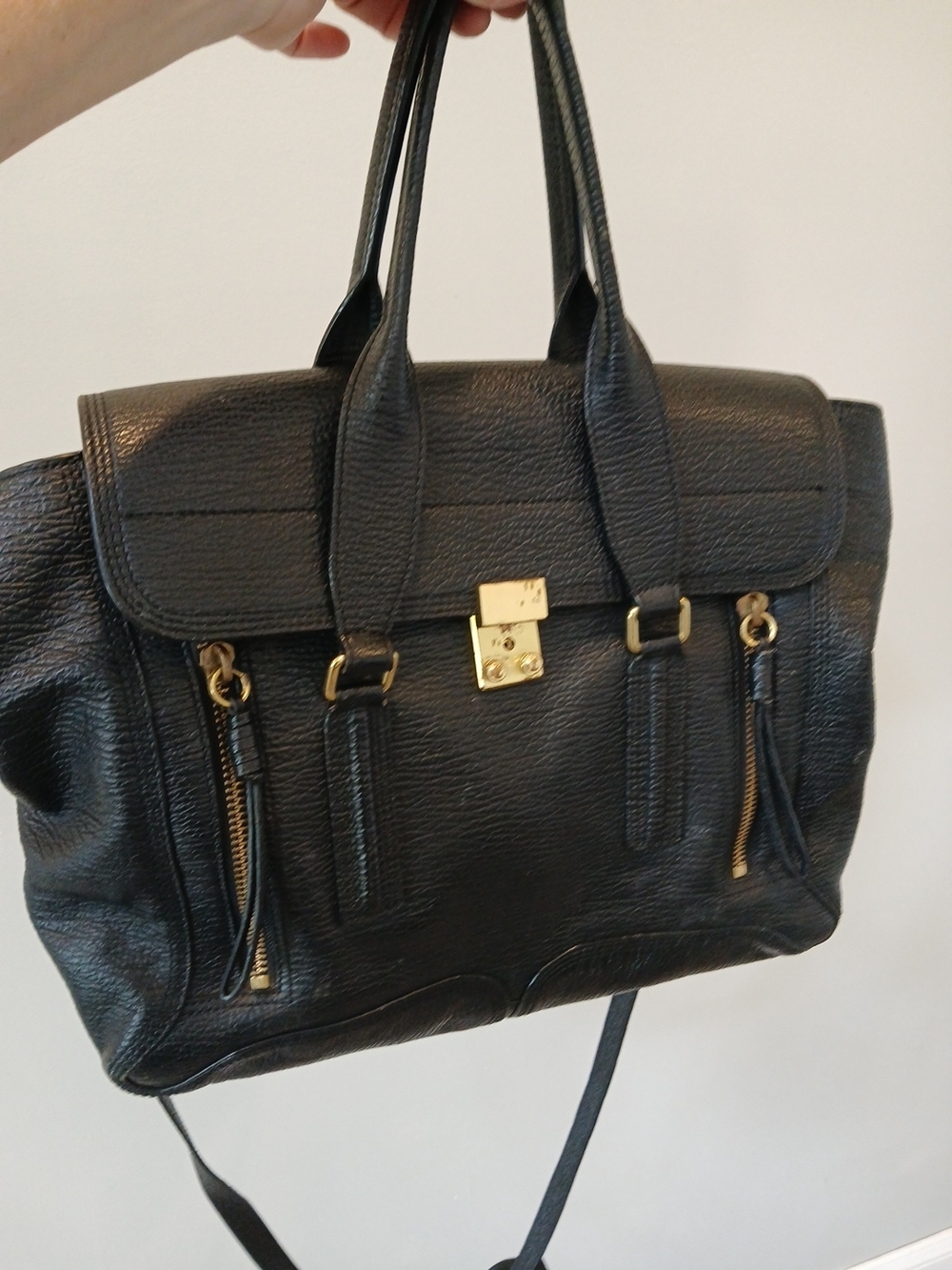 3.1 Phillip Lim Black Leather Tote Shoulder Bag Purse with Gold Logo Detail